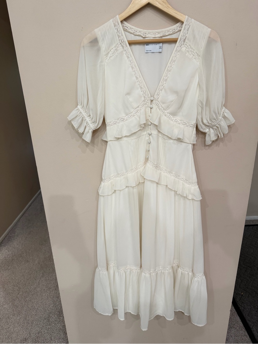 ASOS Design Ivory Womens Dress Size 2 Lace Button-down Bodice Ruffle Tiered